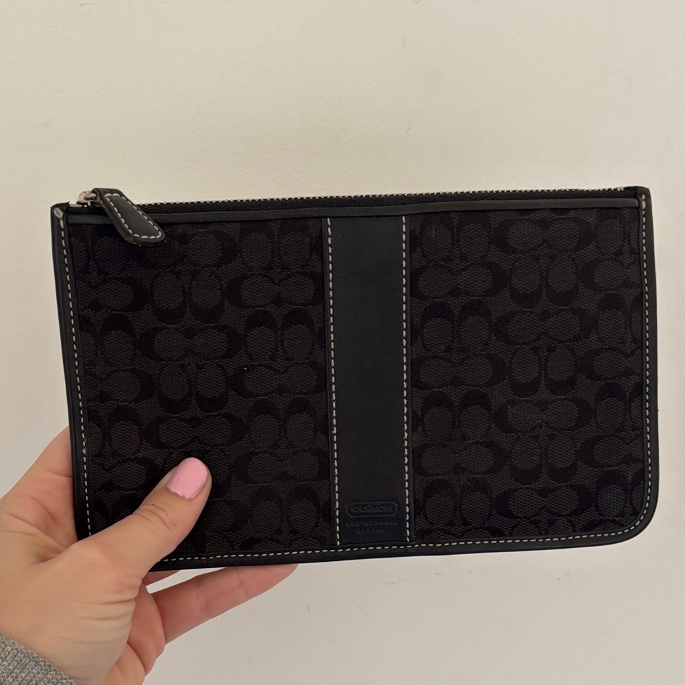 Coach Black Signature Zip Pouch with Vertical Leather Strip